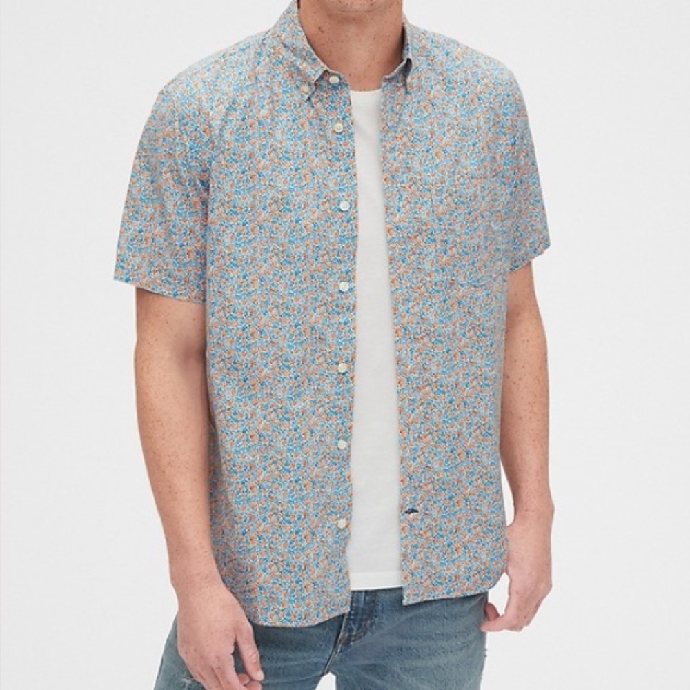 Gap Men’s Orange and Blue Floral Short Sleeve Button Front Shirt Size M